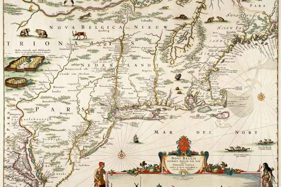 Detailed 17th-century map of northeastern north america with decorative elements.